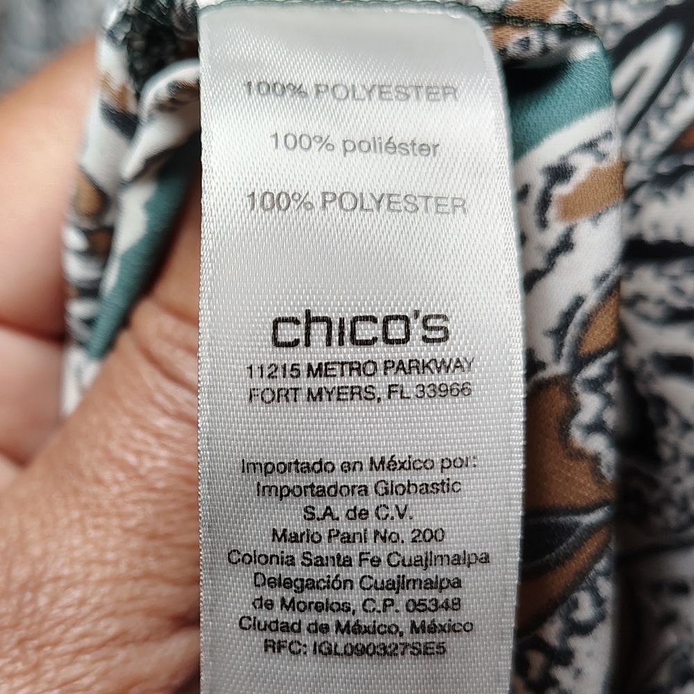 Chico’s Paisley Ruffle Blouse XL 16 Size 3 Green Brown Long Sleeve Career Top - Picture 8 of 10